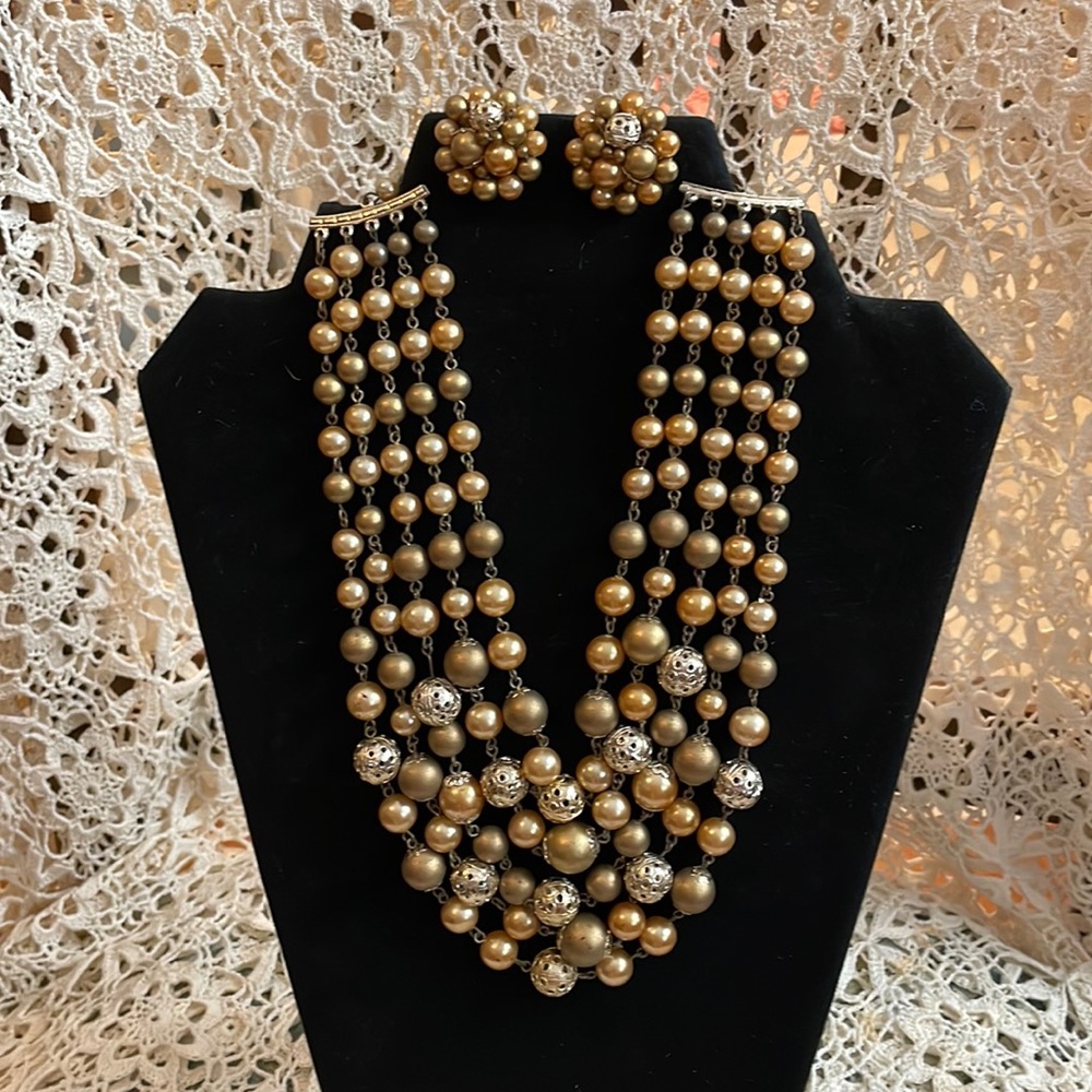 Vintage five tiered golden beaded necklace and earrings set